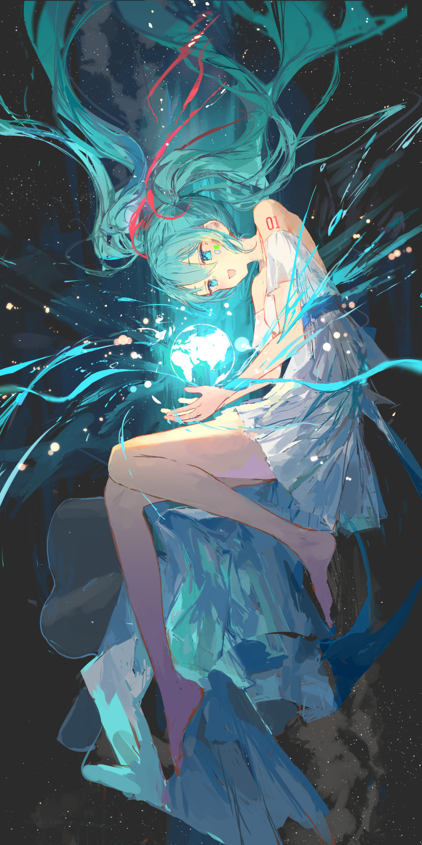 1girl absurdres aqua_eyes aqua_hair bare_legs barefoot black_background commentary_request dress floating floating_hair from_below from_side full_body globe hatsune_miku highres ichika_(ichika87) long_hair looking_down map number_tattoo off-shoulder_dress off_shoulder open_mouth red_ribbon ribbon ribbon_hair short_dress shoulder_tattoo solo tattoo twintails very_long_hair vocaloid white_dress world_map