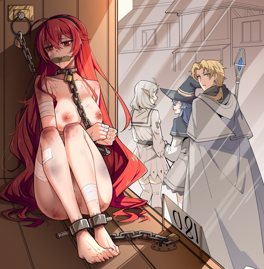 1boy 3girls absurdres ahoge bad_end bags_under_eyes bandaged_arm bandaged_leg bandages bar_censor barefoot bdsm bit_gag bite_mark black_hairband blood bondage bound bound_ankles bound_wrists breasts bruise bruise_on_face censored chain chubb clenched_hands collar collarbone completely_nude cousins cuffs cuffs-to-collar drooling empty_eyes eris_greyrat eyebrows facing_viewer for_sale full_body gag gagged hair_ornament hairband half-closed_eyes hat highres husband_and_wife injury large_breasts leash lock long_hair looking_away multiple_girls mushoku_tensei nipples nosebleed nude pointy_ears price price_tag pussy red_eyes red_hair restrained roxy_migurdia rudeus_greyrat sad sale shackles sitting slave sylphiette_(mushoku_tensei) toes very_long_hair witch_hat