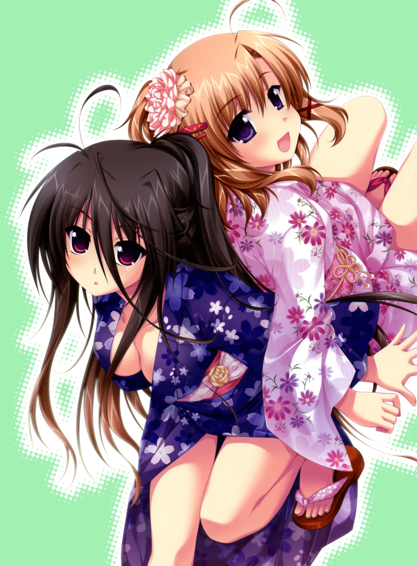 2girls absurdres alpha_(yukai_na_nakamatachi) azai_kanon black_hair breasts brown_hair cleavage g-senjou_no_maou highres japanese_clothes kimono multiple_girls ponytail purple_eyes sandals usami_haru yukata
