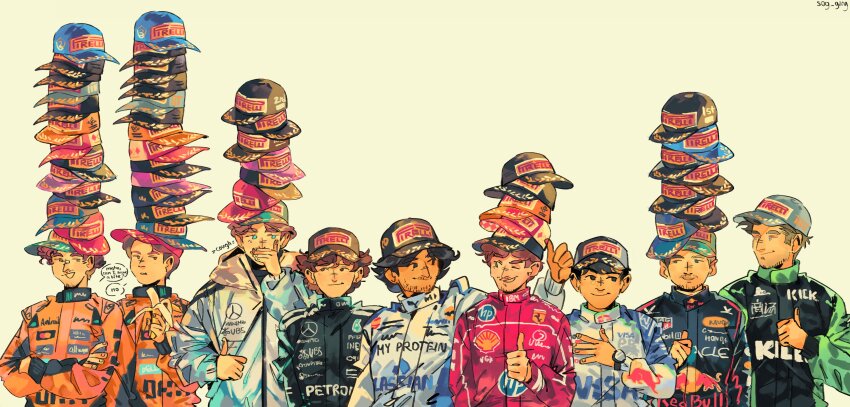 6+boys absurdres andrea_kimi_antonelli baseball_cap black_eyes black_racing_suit blue_eyes blue_racing_suit brown_eyes brown_hair carlos_sainz closed_eyes closed_mouth commentary crossed_arms english_commentary facial_hair ferrari formula_one george_russell grey_jacket hand_in_pocket hand_on_own_face hand_over_face hat hat_over_hat highres hood hooded_jacket isack_hadjar jacket lando_norris lineup looking_at_another male_focus max_verstappen multiple_boys nico_hulkenberg no_sclera one_eye_closed orange_racing_suit oscar_piastri racing_suit red_racing_suit shell_(company) short_hair simple_background small_sweatdrop smile sog_goog tag_heuer yellow_background