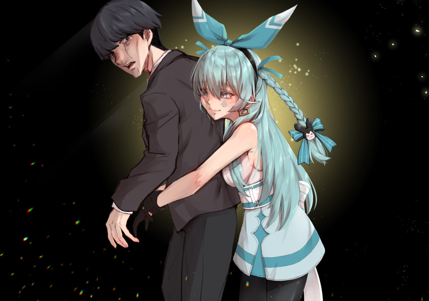 1boy 1girl aqua_hair arch_(meyw4724) bare_shoulders black_hair black_survival blue_eyes bow braid breasts earrings emma_hardy eternal_return:_black_survival gloves highres jewelry large_breasts long_hair pantyhose ribbon smile twin_braids yuki_(black_survival)