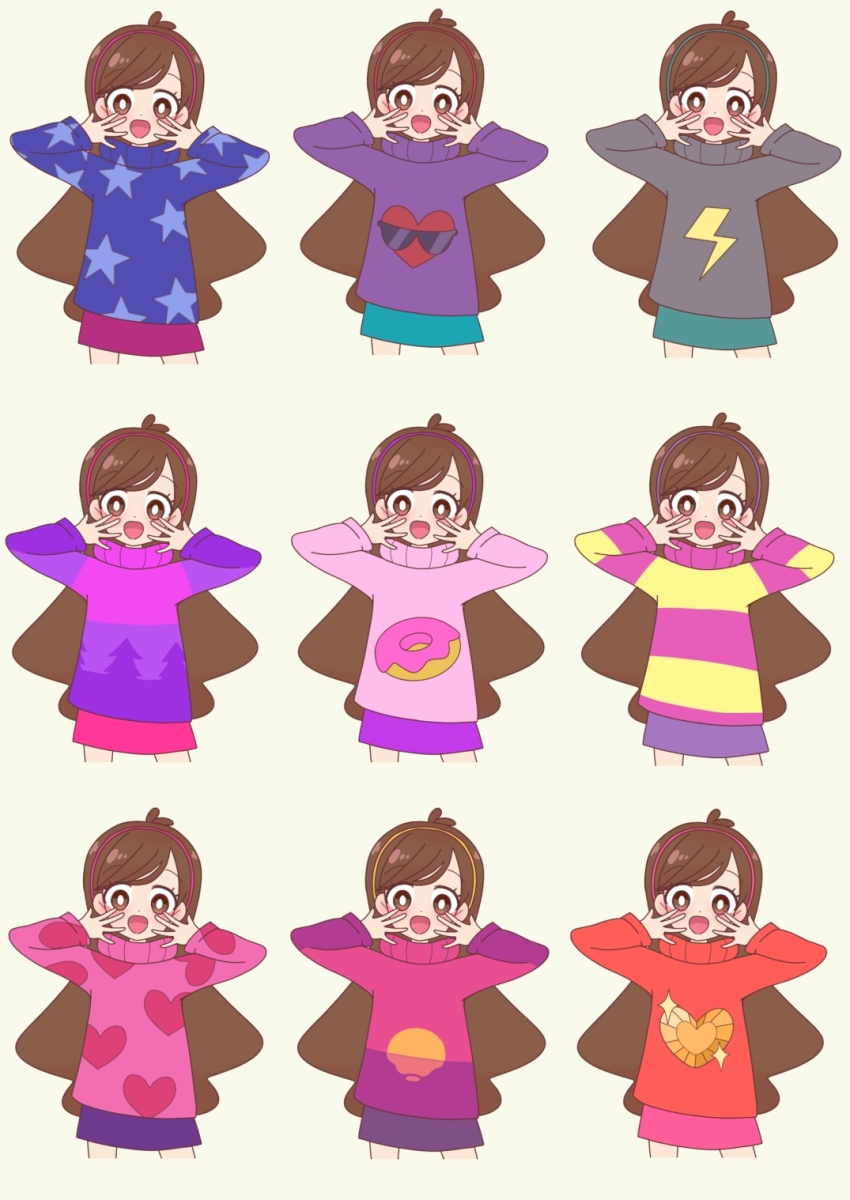 1girl brown_eyes brown_hair donut donut_print food food_print gravity_falls hairband heart hi_meso302 highres long_hair long_sleeves looking_at_viewer mabel_pines multiple_persona open_mouth skirt smile sweater turtleneck turtleneck_sweater upper_body