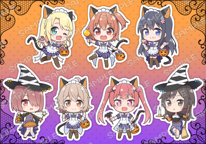 6+girls :t ;d apron bandages black_footwear black_hair black_headwear blonde_hair blue_eyes blush broom brown_eyes brown_hair candle candy candy_cane chibi closed_mouth commentary_request cupcake dress eating fire food food_on_face frilled_apron frilled_skirt frills green_eyes green_footwear grey_eyes hair_over_one_eye halloween hat high_heels himesaka_noa holding holding_broom holding_candy holding_food holding_lantern holding_lollipop holding_wand hoshino_hinata hoshino_miyako_(wataten) konomori_kanon lantern layered_sleeves lollipop long_sleeves macaron maid_headdress matsumoto_kouko multiple_girls one_eye_closed one_side_up open_mouth orange_shoes orange_skirt outline pink_shoes pleated_dress puffy_dress puffy_short_sleeves puffy_shorts puffy_sleeves purple_dress purple_eyes purple_footwear purple_shirt purple_shorts red_eyes red_footwear red_hair ryuuka_sane sample_watermark shirosaki_hana shirt shoes short_over_long_sleeves short_sleeves shorts skirt smile standing standing_on_one_leg star_(symbol) striped_clothes striped_dress striped_shirt striped_shorts striped_thighhighs swirl_lollipop tanemura_koyori thighhighs vertical-striped_clothes vertical-striped_dress vertical-striped_shirt vertical-striped_shorts vertical-striped_thighhighs wand watashi_ni_tenshi_ga_maiorita! watermark white_apron white_outline wide_sleeves witch_hat wrist_cuffs