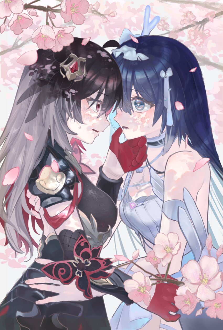 2girls absurdres bare_shoulders black_dress black_hair blue_eyes blue_hair cherry_blossoms commentary_request dappled_sunlight dress duoyun_de_tiankong forehead-to-forehead gloves grey_dress half_gloves hand_on_another&#039;s_chin hand_on_another&#039;s_hip heads_together highres honkai_(series) honkai_impact_3rd long_hair looking_at_another multicolored_hair multiple_girls open_mouth red_eyes red_gloves red_hair seele_(alter_ego) seele_vollerei seele_vollerei_(herrscher_of_rebirth) seele_vollerei_(starchasm_nyx) sunlight two-tone_hair very_long_hair