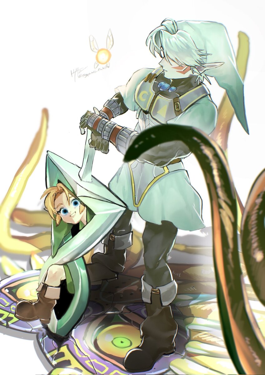 2boys alternate_weapon blonde_hair dark_persona double_helix facial_tattoo fairy fierce_deity gauntlets highres holding holding_sword holding_weapon link multiple_boys nintendo possessed sword tattoo the_legend_of_zelda the_legend_of_zelda:_majora&#039;s_mask togenasi_furiko triangle weapon white_hair young_link