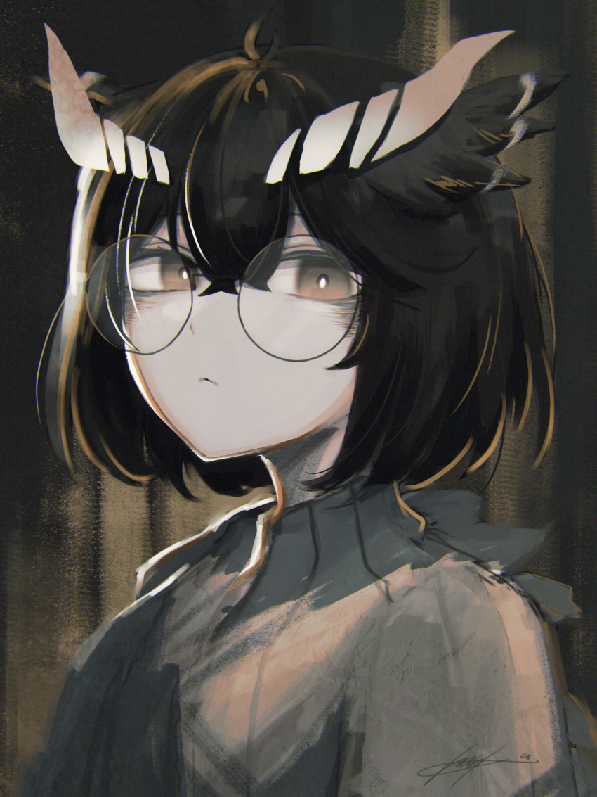 1girl :&lt; absurdres arknights bags_under_eyes bright_pupils brown_eyes brown_hair brown_sweater commentary_request cowlick dot_nose expressionless feather_hair film_grain glasses hair_between_eyes highres looking_at_viewer medium_hair owl_ears owl_girl ribbed_sweater round_eyewear sign silence_(arknights) silence_(frosted_breath)_(arknights) solo sutorobo72 sweater upper_body white_pupils