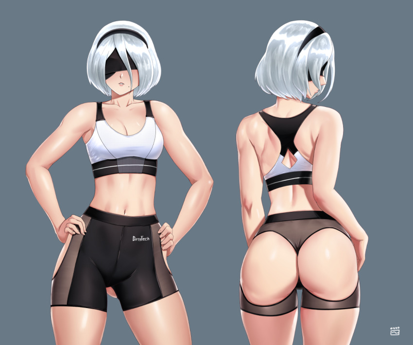 1girl 2b_(nier:automata) ass ass_cutout black_hairband blindfold breasts cleavage clothing_cutout commentary_request finalcake grey_background hairband hands_on_own_hips hip_vent medium_breasts multiple_views navel nier:automata nier_(series) short_hair short_shorts shorts simple_background sports_bra stomach t-back_spats white_hair