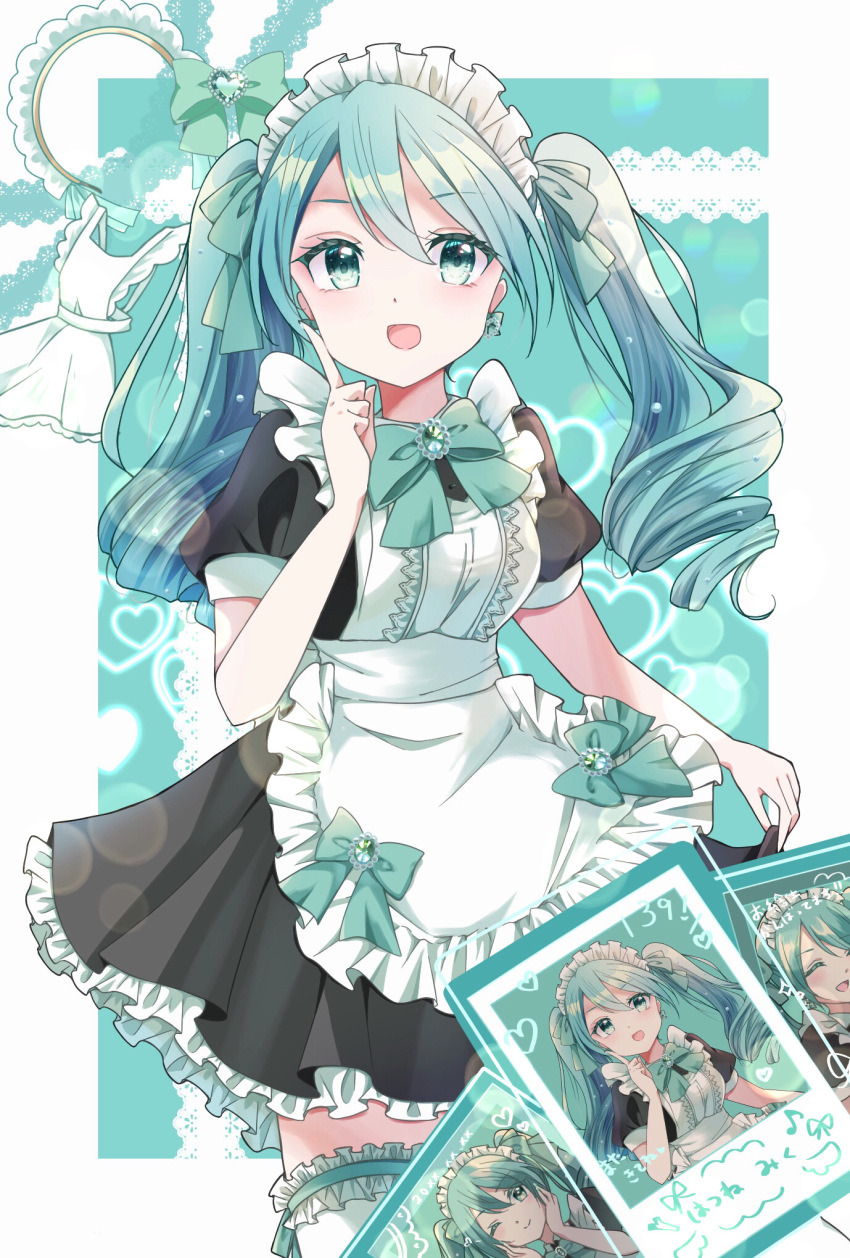 1girl alternate_costume alternate_hairstyle apron aqua_bow aqua_eyes aqua_hair blush bow breasts closed_eyes closed_mouth clothes_lift commentary dress dress_lift earrings frilled_apron frilled_dress frilled_thigh_strap frills hair_between_eyes hair_ornament hatsune_miku highres index_finger_raised jewelry long_hair maid maid_apron medium_breasts one_eye_closed open_mouth photo_(object) puffy_short_sleeves puffy_sleeves short_sleeves siquartz22 solo thigh_strap thighhighs twintails vocaloid white_apron white_thighhighs