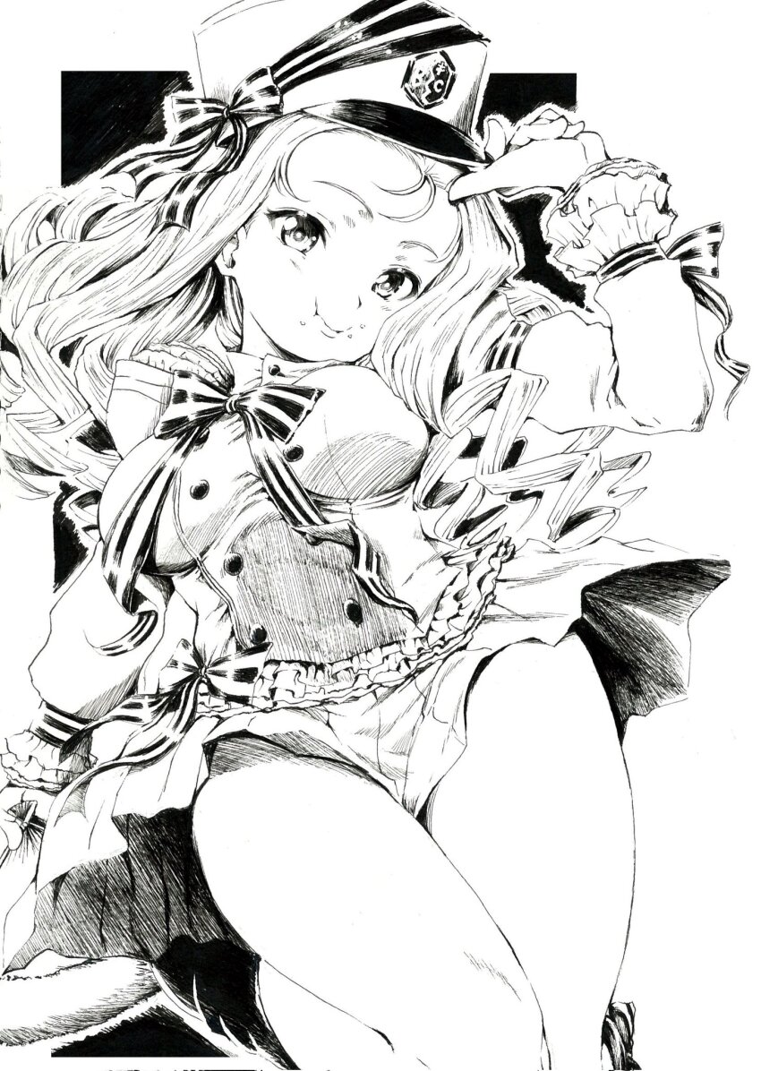 1girl bc_freedom_(emblem) bc_freedom_military_uniform blush boots bow breasts buttons closed_mouth double-breasted dress drill_hair emblem food food_on_face frilled_sleeves frills girls_und_panzer greyscale hand_on_headwear hashtag-only_commentary hat hat_ribbon highres jacket knee_boots long_hair long_sleeves looking_at_viewer marie_(girls_und_panzer) medium_breasts military_hat miniskirt monochrome pleated_skirt ribbon sawamin simple_background sketch skirt solo thighs wavy_hair white_background