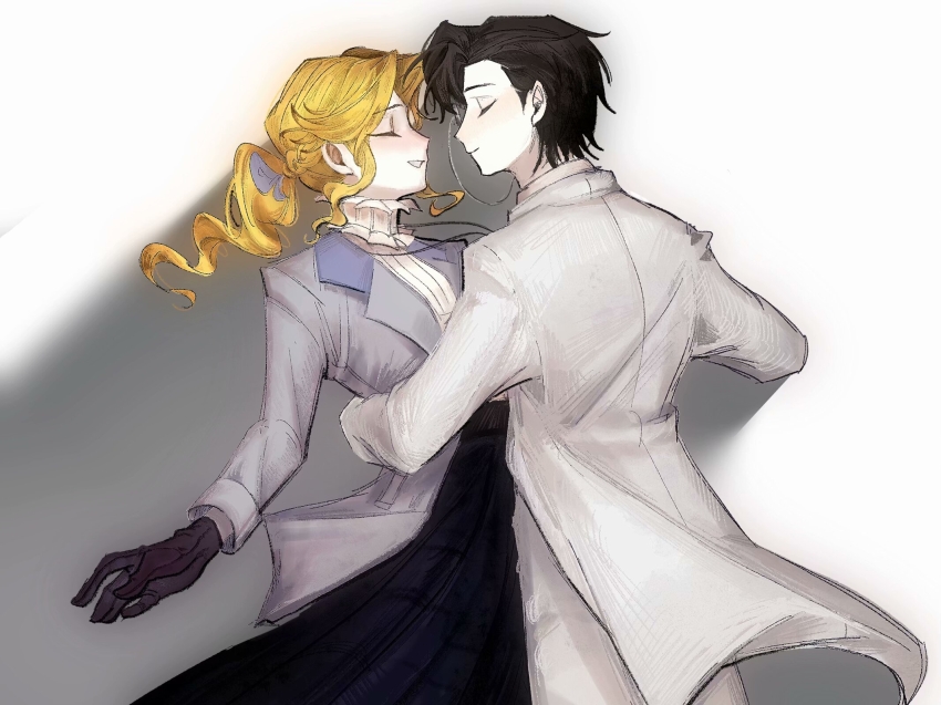 1boy 1girl alice_deross arm_around_waist beijingban18388 black_gloves black_hair black_skirt blonde_hair blue_bow bow braid chinese_commentary closed_eyes closed_mouth commentary_request gloves grey_jacket hair_bow highres identity_v jacket lapels male_focus notched_lapels open_clothes open_jacket orpheus_(identity_v) pale_skin pants pleated_skirt ponytail shirt short_hair skirt smile wavy_hair white_jacket white_pants white_shirt