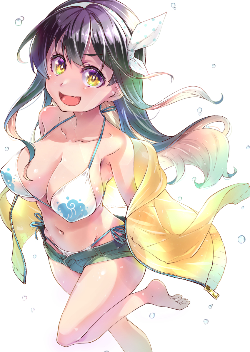 1girl :d armpits bare_legs bare_shoulders barefoot bikini black_hair breasts cleavage collarbone colored_inner_hair covered_erect_nipples denim denim_shorts eyelashes fang floating_hair foot_out_of_frame foot_up from_above gradient_hair green_shorts hair_between_eyes hairband halterneck highres hood hooded_jacket imu_sanjo jacket jacket_partially_removed kantai_collection large_breasts long_hair looking_at_viewer looking_up multicolored_hair naganami_(kancolle) navel open_clothes open_jacket open_mouth open_shorts polka_dot_hairband print_bikini short_shorts shorts side-tie_bikini_bottom sidelocks simple_background skin_fang smile solo standing standing_on_one_leg string_bikini swimsuit toes tongue unbuttoned v-shaped_eyebrows water_drop wavy_hair white_background yellow_eyes yellow_jacket zipper