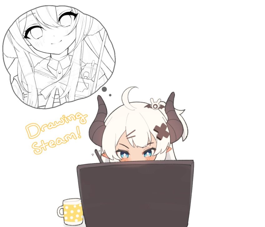 1girl ahoge asagawa_mikan asagawa_mikan_(peachy_michi) blue_eyes blush fang hair_ornament long_hair looking_at_viewer open_mouth original pointy_ears shirt short_hair simple_background skin_fang smile solo virtual_youtuber white_background white_hair working