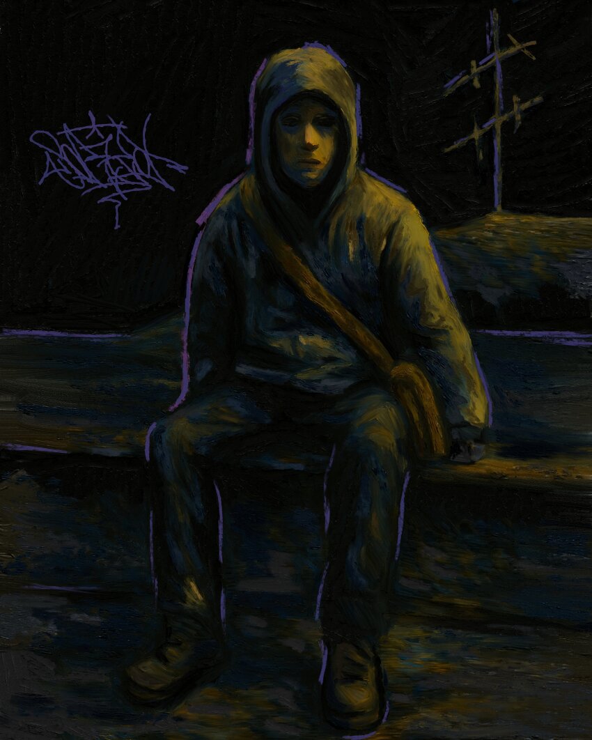 1boy absurdres bag black_gloves black_shoes canvas_texture cry_of_fear dark dim_lighting exhausted gloves grey_hoodie highres hood hood_up hoodie male_focus no_eyes outline partially_shaded_face power_lines purple_outline serious shoes shoulder_bag signature simon_henriksson sitting solo sorkot7328