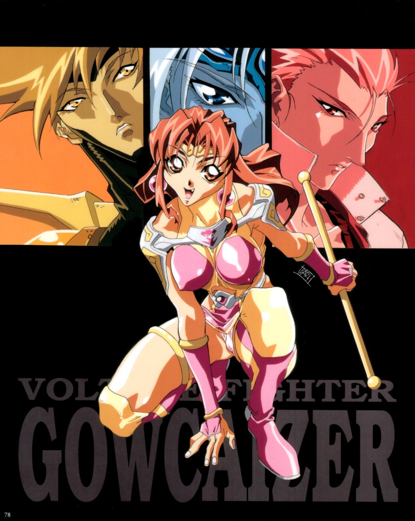 1990s_(style) 1girl 3boys :d arm_support armor artbook belt black_background boots bracelet breasts breasts_apart brown_eyes brown_hair choujin_gakuen_gowcaizer circlet close-up copyright_name covered_erect_nipples dutch_angle earrings fang floating_hair gem gloves gowcaizer hair_between_eyes hellstinger highres holding impossible_clothes jacket jewelry kaiza_isato kash_gyustan knee_pads kneeling large_breasts leaning_forward loincloth long_hair looking_at_viewer looking_away magical_girl matching_hair/eyes midriff monochrome multiple_boys official_art oobari_masami open_clothes open_jacket open_mouth orange_eyes orange_hair panties parted_lips pauldrons pink_boots pink_thighhighs retro_artstyle scan shigure_kyosuke shigure_kyousuke short_hair shoulder_armor sidelocks signature simple_background smile son_karin spiked_hair spread_legs squatting staff text_focus thigh_boots thighhighs thighlet tiara tiptoes turtleneck underwear weapon white_panties