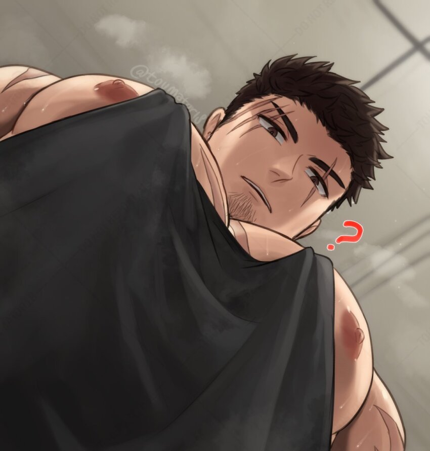 1boy ? bara black_tank_top facial_hair foreshortening from_below goatee_stubble large_pectorals looking_at_viewer looking_down male_focus meme multiple_scars muscular muscular_male nipple_slip nipples original pec_pov_(meme) pectoral_cleavage pectoral_focus pectorals photo-referenced scar scar_across_eye scar_on_chest scar_on_face short_hair sidepec solo steaming_body stubble tank_top thick_eyebrows toumato upper_body