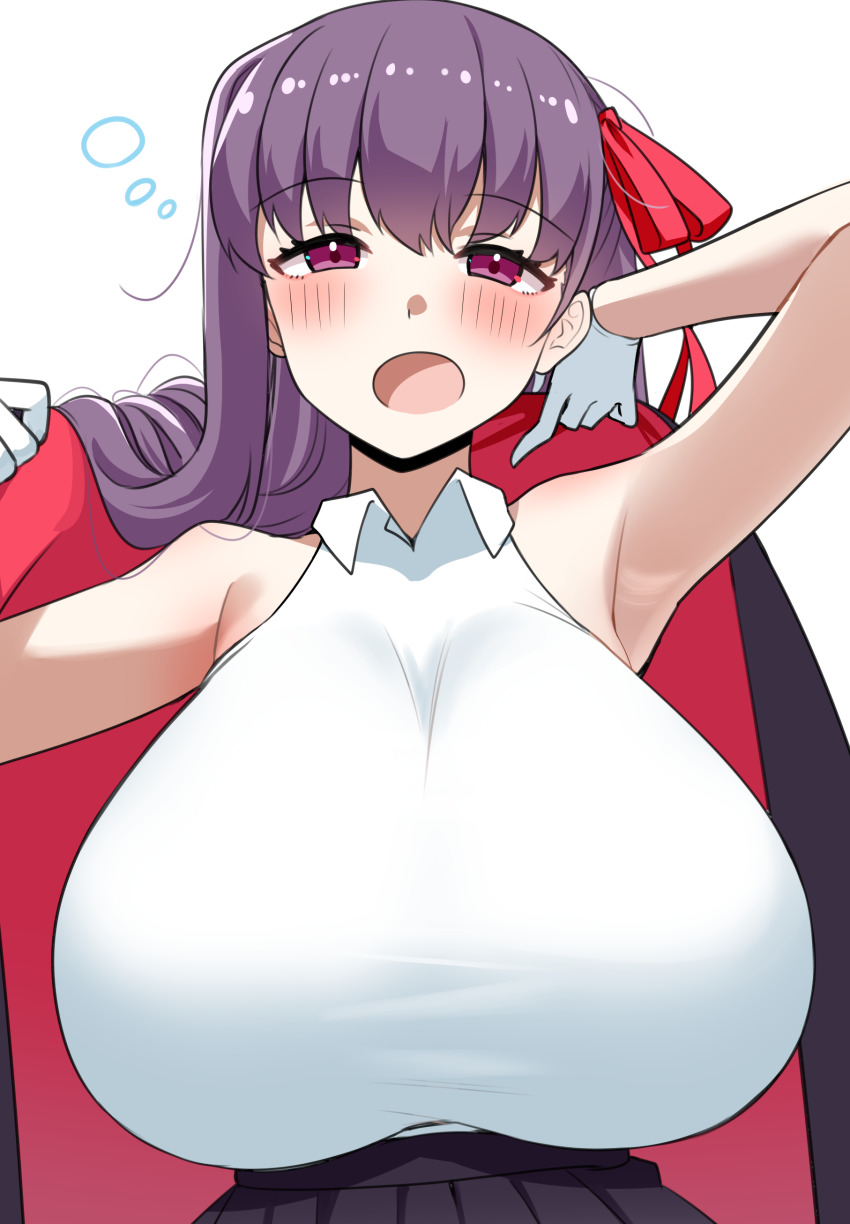 1girl absurdres arm_up armpits bare_arms bare_shoulders bb_(fate) blush breasts cape collared_leotard commentary_request fate/extra fate/extra_ccc fate/grand_order fate_(series) gloves hair_ribbon hand_up heattech_leotard highres huge_breasts leotard long_hair looking_at_viewer okome_(pixiv108949149) open_mouth pleated_skirt purple_cape purple_eyes purple_hair purple_skirt red_cape red_ribbon ribbon simple_background skirt sleeveless sleeveless_turtleneck_leotard solo turtleneck two-tone_cape upper_body white_background white_gloves white_leotard yawning