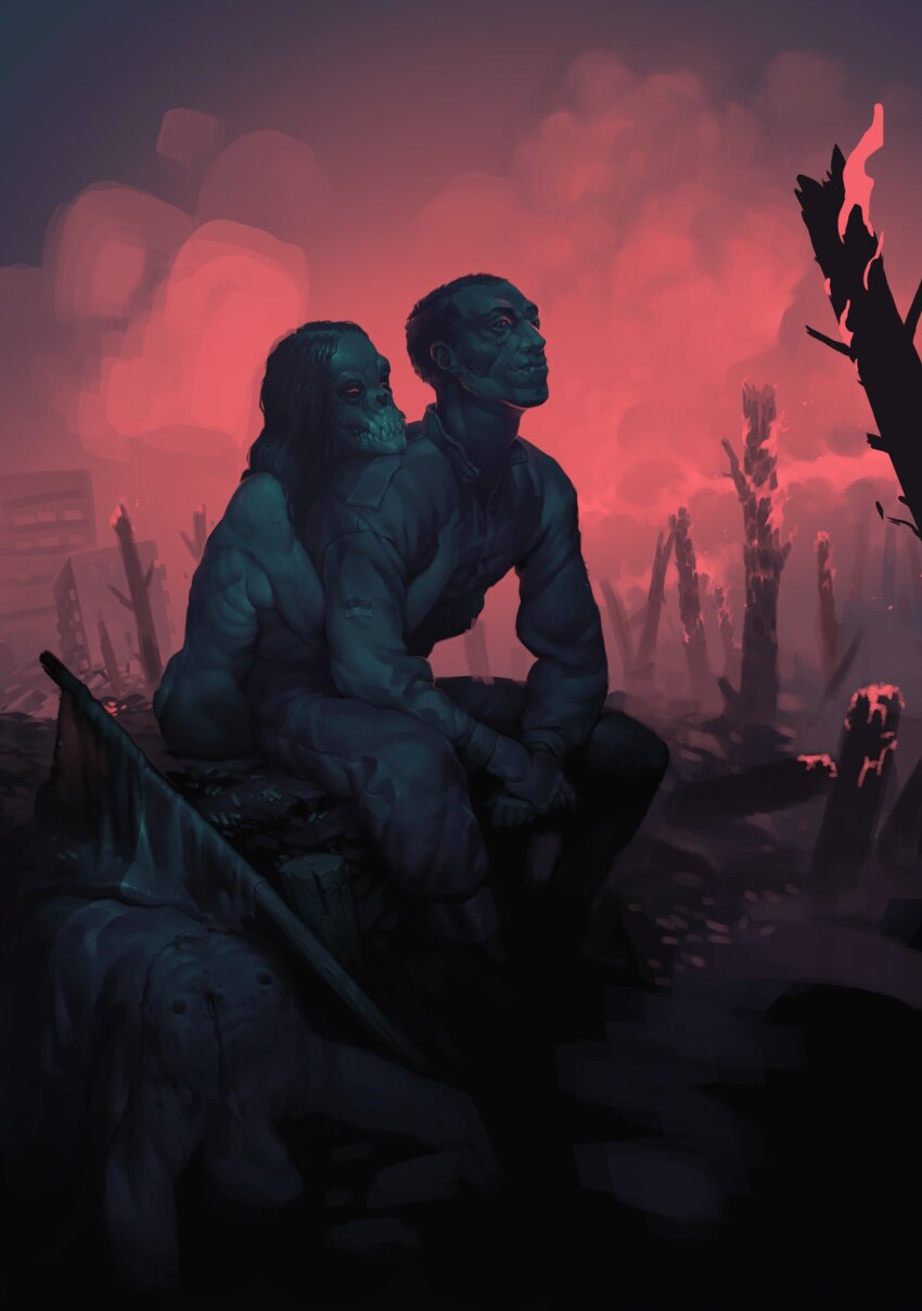 1boy 1other abandoned arms_between_legs black_coat black_hair breasts building burning coat colored_smoke contra_bonos dark head_tilt highres hug hug_from_behind limited_palette mask no_shirt original pixel_art ribs ruins short_hair sitting skull_mask smoke soldier tree war zombie