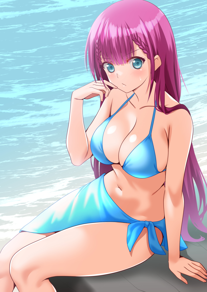 1girl aqua_eyes bare_shoulders beach bikini blue_bikini blue_eyes blush bokutachi_wa_benkyou_ga_dekinai bound bound_legs braid braided_bangs breasts cleavage collarbone commission engo_(aquawatery) highres kirisu_mafuyu large_breasts legs long_hair looking_at_viewer navel ocean pink_hair pixiv_commission side_braids sitting solo stomach swimsuit teacher thighs