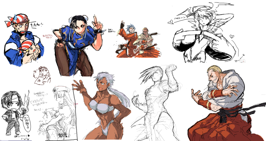 4girls 6+boys abs alternate_hairstyle bad_id bad_pixiv_id bikini billy_kane brown_legwear capcom character_doll chibi china_dress chinese_clothes chun-li collage couple crossover dark_phoenix darkstalkers doll dougi dress elena_(street_fighter) fatal_fury geese_howard genderswap genderswap_(mtf) head_wings hetero highres hong_meiling itkz_(silentknight) krizalid kusanagi_kyou leaning_forward lilith_(darkstalkers) multiple_boys multiple_girls muscular muscular_female one_eye_closed pantyhose pelvic_curtain print_legwear rugal_bernstein ryu_(street_fighter) ryuuko_no_ken sketch snk street_fighter street_fighter_iii_(series) swimsuit the_king_of_fighters touhou white_bikini wings wink yang_lee yukkuri_shiteitte_ne
