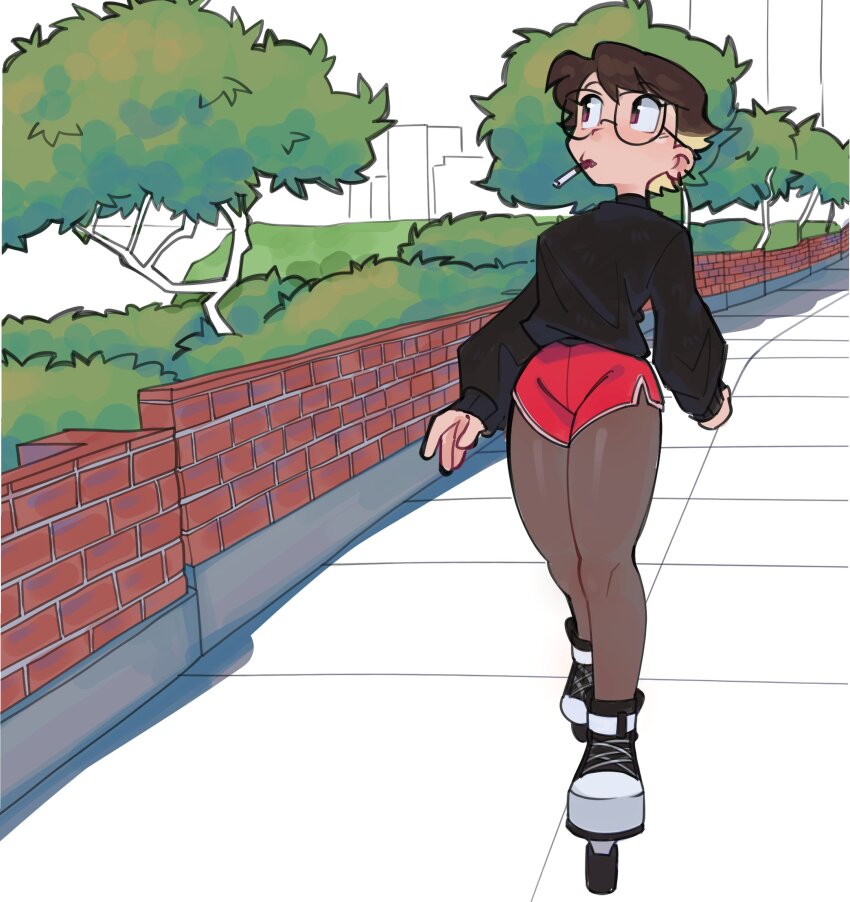 1girl absurdres black-framed_eyewear black_sweater blonde_hair brown_hair brown_pantyhose cherri_saurio cigarette glasses highres long_sleeves multicolored_hair original outdoors pantyhose red_shorts roller_skates short_hair shorts skates solo sweater tree unfinished