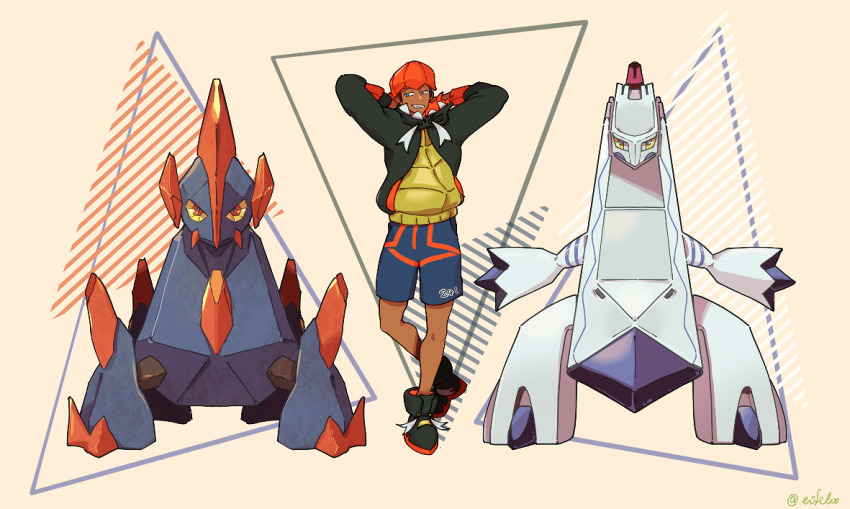 1boy arms_behind_head black_hoodie commentary_request dark-skinned_male dark_skin duraludon eifilet gen_5_pokemon gen_8_pokemon gigalith gym_leader hood hoodie knees long_sleeves looking_to_the_side nintendo orange_headwear pokemon pokemon_(creature) pokemon_swsh raihan_(pokemon) shorts smile teeth