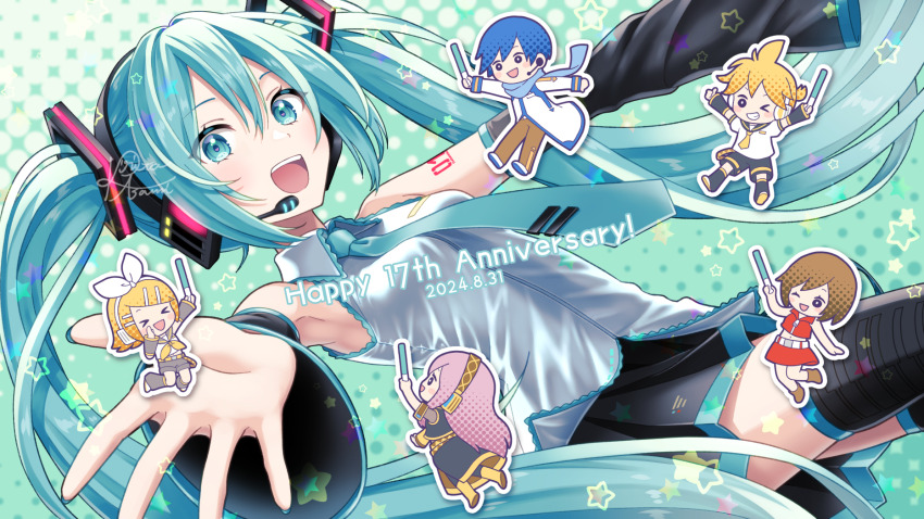aqua_eyes aqua_hair aqua_necktie black_footwear black_skirt black_sleeves boots chibi chibi_inset collared_shirt commentary_request cowboy_shot detached_sleeves hair_ornament happy_anniversary hatsune_miku highres kagamine_len kagamine_rin kaito_(vocaloid) kirita_asami long_hair long_sleeves looking_at_viewer megurine_luka meiko_(vocaloid) miniskirt necktie number_tattoo open_mouth pleated_skirt shirt shoulder_tattoo skirt sleeveless sleeveless_shirt smile tattoo thigh_boots twintails very_long_hair vocaloid white_shirt