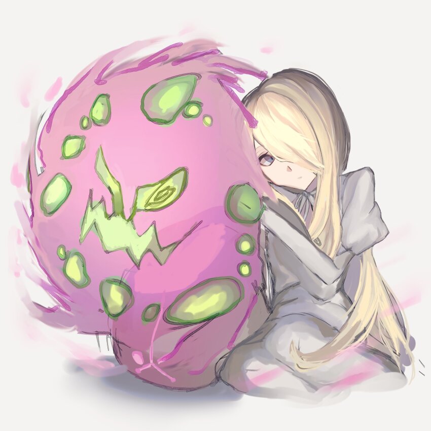 1girl aged_down blonde_hair breasts closed_mouth cynthia_(pokemon) dress gen_4_pokemon grey_eyes hair_over_one_eye highres long_hair long_sleeves looking_at_viewer nintendo pokemon pokemon_(creature) pokemon_dppt simple_background siyu_mizu spiritomb very_long_hair white_background white_dress