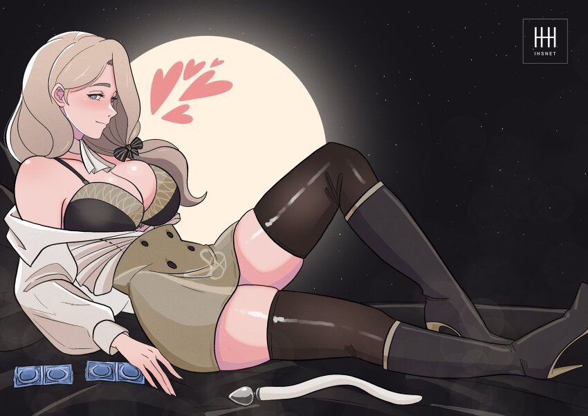 1girl anal_beads anal_tail black_boots black_bra black_thighhighs blonde_hair blue_eyes blush boots bow bra breasts butt_plug closed_mouth condom condom_packet_strip condom_wrapper fake_tail fire_emblem fire_emblem:_three_houses garreg_mach_monastery_uniform hair_bow hair_over_shoulder highres ihsnet large_breasts long_hair long_sleeves looking_at_viewer low-tied_long_hair low_ponytail mercedes_von_martritz moon nintendo off_shoulder ponytail shirt skindentation skirt smile solo tail thighhighs thighs underwear white_shirt