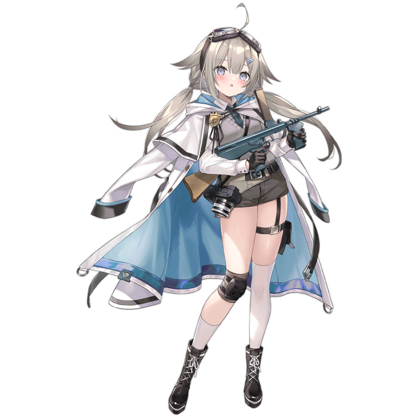1girl ahoge asymmetrical_legwear belt belted_coat black_belt black_boots black_gloves blue_coat blue_eyes blue_necktie blush boots brown_shorts camera camera_around_neck coat coat_on_shoulders collared_shirt double-parted_bangs emblem full_body girls&#039;_frontline gloves goggles goggles_on_head grey_sweater_vest gun hair_ears hair_ornament hairclip highres holding holding_gun holding_weapon hood hood_down hooded_coat knee_pads kneehighs lace-up_boots light_brown_hair long_hair long_sleeves looking_at_viewer low_twintails necktie official_alternate_costume official_art open_clothes open_coat owen_(girls&#039;_frontline) owen_gun parted_lips pouch saiki_komari shirt shorts simple_background single_knee_pad single_kneehigh single_sock single_thighhigh socks solo standing sweater_vest thigh_pouch thighhighs third-party_source transparent_background trigger_discipline twintails two-sided_coat two-sided_fabric very_long_hair weapon white_coat white_shirt white_socks white_thighhighs
