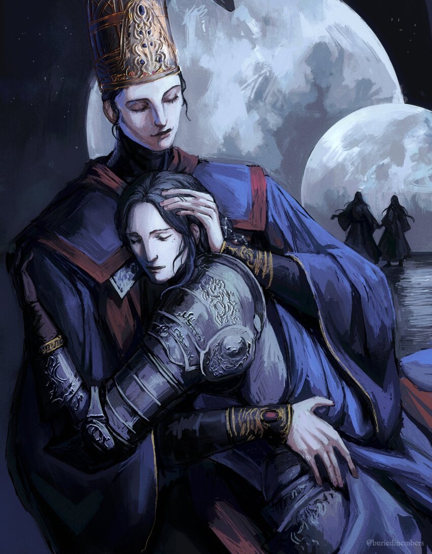 2girls armor buriedinembers closed_eyes elden_ring elden_ring:_shadow_of_the_erdtree highres hug long_sleeves multiple_girls multiple_moons rellana_twin_moon_knight rennala_queen_of_the_full_moon robe siblings sisters sitting standing