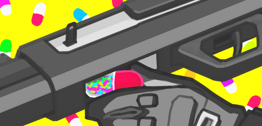 1other ambiguous_gender black_shirt chinese_commentary close-up commentary_request gloves grey_gloves gun highres holding holding_pill long_sleeves lurenjia original out_of_frame pill_background reloading shirt shotgun unconventional_weapon weapon yellow_background