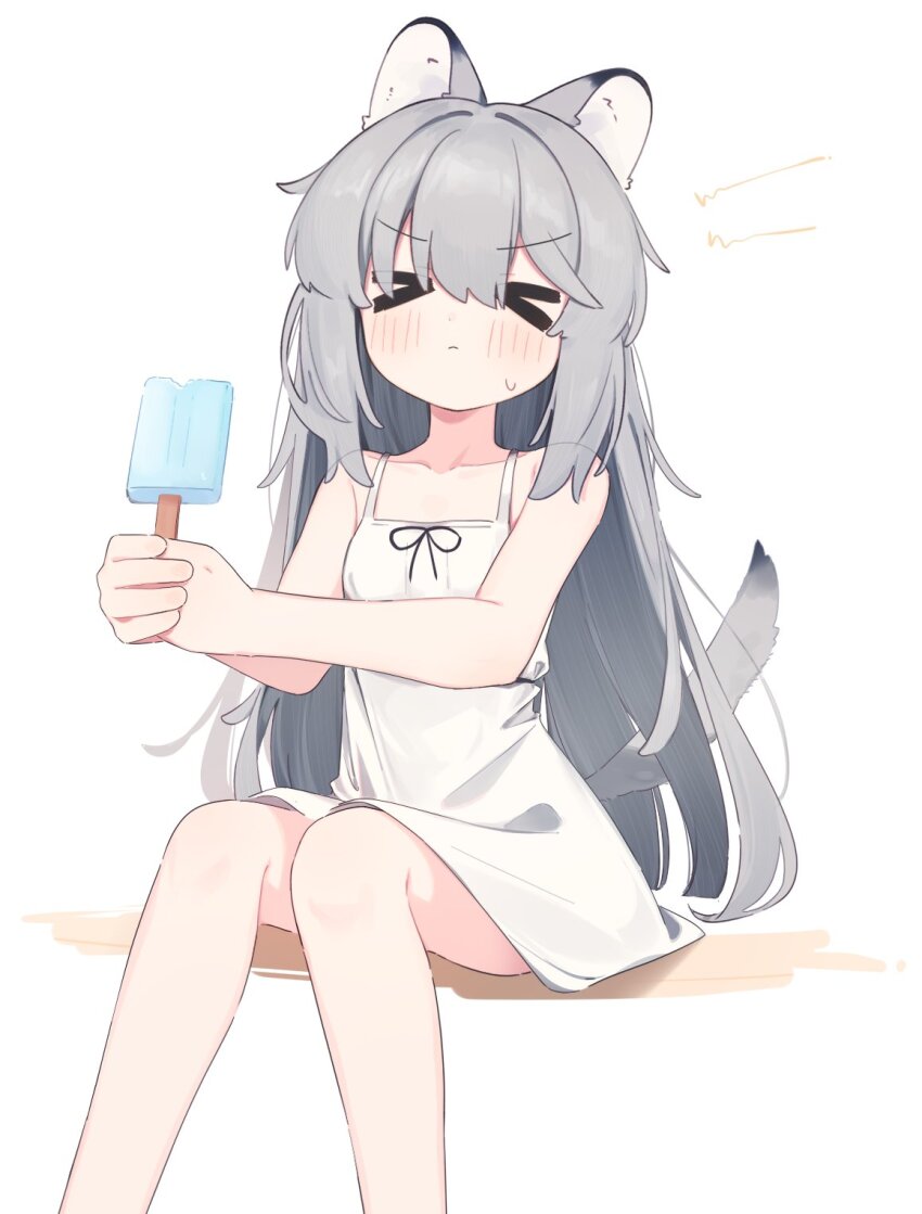 &gt;_&lt; 1girl animal_ear_fluff animal_ears bare_arms bare_shoulders blush closed_eyes closed_mouth collarbone commentary dog_ears dog_girl dog_tail dress feet_out_of_frame food grey_hair highres holding holding_food holding_popsicle long_hair original popsicle riya_(01214) simple_background sitting sleeveless sleeveless_dress solo sweatdrop symbol-only_commentary tail v-shaped_eyebrows white_background white_dress