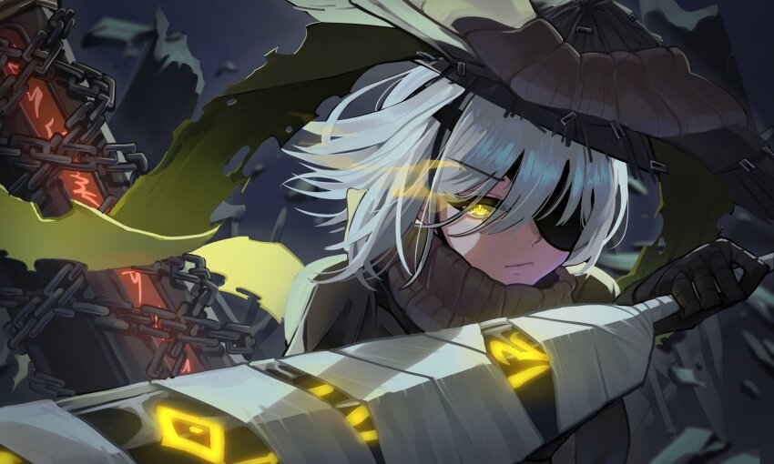 1girl ajirogasa bandage_over_one_eye bandaged_arm bandaged_weapon bandages chain closed_mouth conical_hat faust_(project_moon) grey_background grey_scarf hand_wraps hat heishou_pack-mao_branch_(identity)_(project_moon) highres holding holding_weapon limbus_company looking_at_viewer one_eye_covered project_moon rice_hat salgaoli83428 scarf short_hair solo upper_body weapon white_hair yellow_eyes