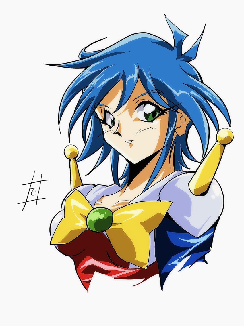1girl allenby_beardsley blue_bodysuit blue_hair blush bodysuit breasts commentary_request g_gundam green_eyes gundam highres looking_at_viewer mecha_pilot_suit medium_breasts mobile_trace_suit multicolored_bodysuit red_bodysuit short_hair signature sind_ngmhn28 skin_tight smile solo upper_body white_background
