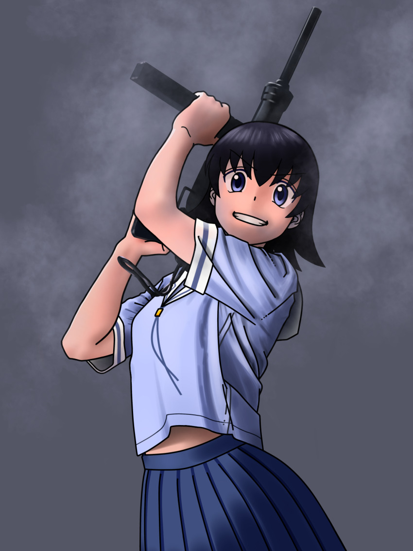 1girl aiming_up azumanga_daioh&#039;s_school_uniform azumanga_daiou black_hair blue_eyes blue_ribbon blue_shirt blue_skirt bob_cut breasts commentary cowboy_shot flipped_hair grey_background grin gun hair_between_eyes hands_up highres holding holding_gun holding_weapon irohasu_(user_jszp4485) looking_at_viewer m3_submachine_gun medium_breasts midriff_peek neck_ribbon parted_lips ribbon school_uniform serafuku_to_kikanjuu shirt short_hair short_sleeves skirt smile solo standing submachine_gun summer_uniform takino_tomo weapon white_trim