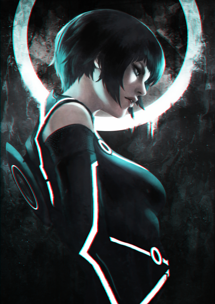 1girl absurdres black_bodysuit black_hair blue_eyes bodysuit breasts commentary disc_(tron) elbow_gloves english_commentary eyelashes from_side gloves highres lips makeup mascara medium_breasts monori_rogue neon_trim nose quorra short_hair solo tron tron:_legacy upper_body