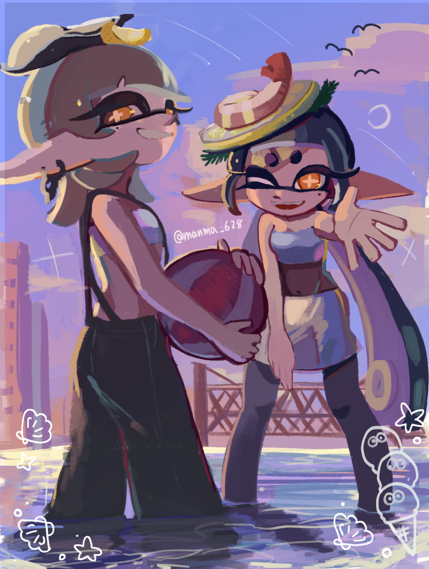 +_+ absurdres ball beachball black_hair callie_(splatoon) callie_(summer_nights)_(splatoon) cousins food fruit grey_hair highres holding holding_ball holding_beachball lemon lemon_slice looking_at_viewer manma_628 marie_(splatoon) marie_(summer_nights)_(splatoon) mole mole_under_eye nintendo official_alternate_costume official_alternate_hairstyle oyster splatoon_(series) splatoon_3 standing standing_on_liquid tentacle_hair water