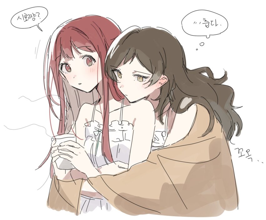 2girls behind_another blanket blush brown_eyes brown_hair cropped_torso cup dress hano9789 highres holding holding_cup idolmaster idolmaster_million_live! kitazawa_shiho korean_text long_hair multiple_girls parted_lips red_eyes red_hair simple_background speech_bubble tanaka_kotoha translation_request white_background white_dress yuri