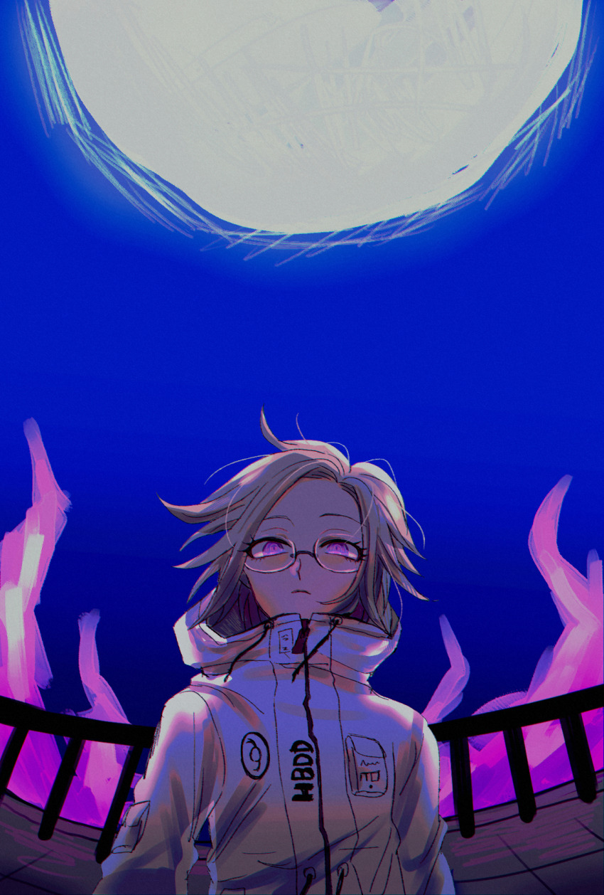 1boy aotsuki_eito breast_pocket fire fisheye full_moon glasses grey_hair highres jacket kawati looking_at_viewer male_focus moon night night_sky pocket purple_eyes purple_fire short_hair sky solo the_hundred_line_-last_defense_academy-