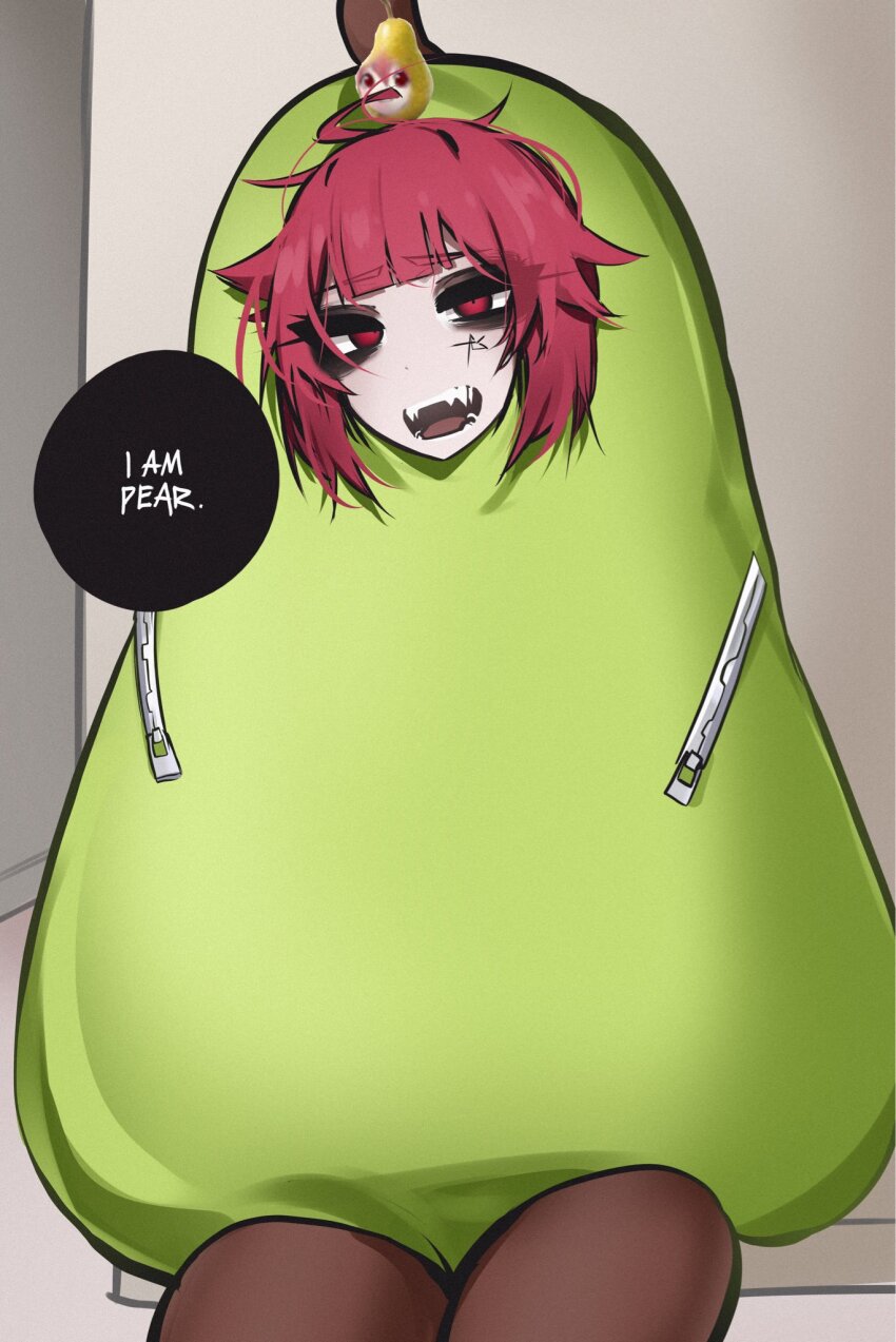 1girl ace_glitch alternate_hairstyle commentary cosplay costume cowboy_shot english_commentary english_text highres kasane_teto looking_at_viewer messy_hair open_mouth pearto pearto_(cosplay) red_eyes red_hair short_hair solo speech_bubble talking utau zipper zipper_pull_tab