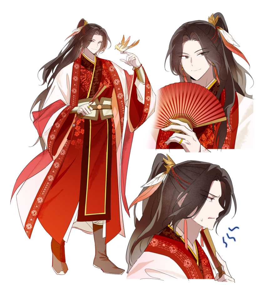 1boy adam&#039;s_apple bird bird_on_hand boots bracelet brown_boots brown_eyes brown_hair chinese_clothes closed_mouth earrings eyeliner feather_hair_ornament feathers floral_print folded_fan folding_fan from_side full_body furrowed_brow hair_ornament half_updo hand_fan hanfu high_ponytail highres holding holding_fan hwa_un index_ring jewelry jinhongi korean_commentary long_hair long_sleeves looking_at_viewer makeup male_focus multiple_views official_art oh_wolrang open_mouth pants pinky_ring ponytail red_hanfu red_shawl reference_sheet robe sash shawl simple_background smile sweatdrop tassel tassel_earrings upper_body white_background white_pants white_robe white_sash wide_sleeves xiao_guan_(headdress) zhijupao