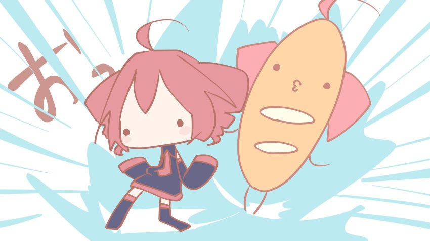 ._. 1girl 1other ahoge baguette bare_shoulders black_skirt black_sleeves black_thighhighs bread chibi commentary detached_sleeves drill_hair emphasis_lines food full_body highres jojo_pose kasane_teto kasane_teto_(utau) miniskirt no_mouth o3o parody personification red_hair shirt short_hair skirt sleeveless sleeveless_shirt sleeves_past_fingers sleeves_past_wrists stand_(jojo) standing thighhighs torute_(dtmutau) twin_drills utau wryyyyyyyyyyyyyyyyyyyy