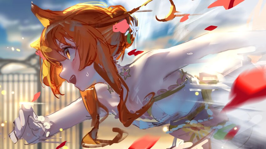 1girl absurdres animal_ears bare_shoulders blurry blurry_background blush breasts dress from_side gloves hair_bun highres horse_ears long_hair mayano_top_gun_(sunlight_bouquet)_(umamusume) mayano_top_gun_(umamusume) open_mouth orange_eyes orange_hair outdoors petals running sketch small_breasts solo strapless strapless_dress sweat umamusume unfinished upper_body white_dress white_gloves yu_hydra