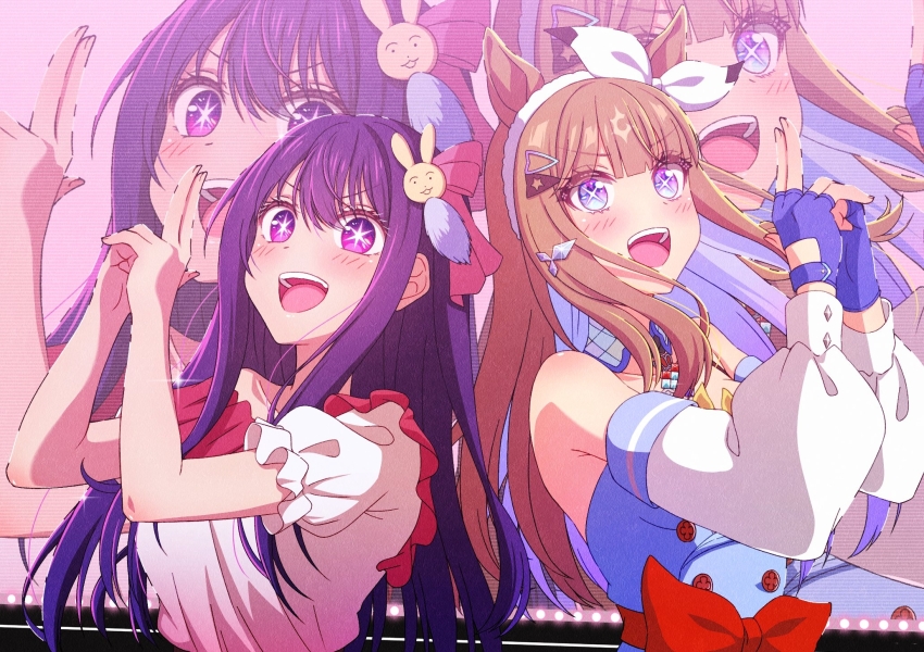 2girls almond_eye_(umamusume) brown_hair highres hoshino_ai multiple_girls oshi_no_ko purple_hair umamusume