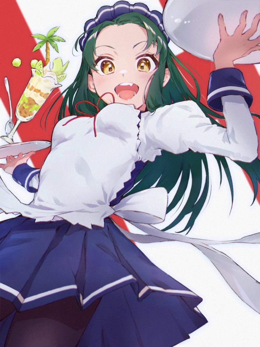1girl apron breasts cowboy_shot cup dress fang food frilled_apron frills green_hair highres maid maid_apron maid_headdress medium_breasts pantyhose plate puffy_sleeves rabbitioli skirt solo spoon suzumiya_haruhi_no_yuuutsu tsuruya waist_apron yellow_eyes