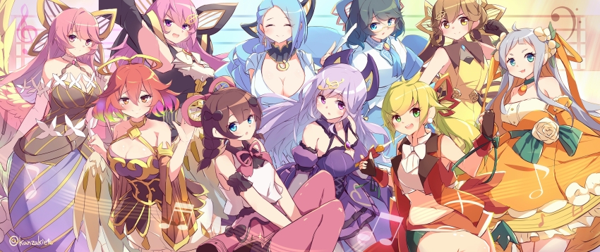 absurdres arm_up armpits arms_behind_back artist_name bare_shoulders blonde_hair blue_dress blue_eyes blue_hair blush breasts brown_eyes brown_hair cleavage closed_eyes closed_mouth commentary_request dosolfachord_coolia dosolfachord_cutia dress duel_monster fasolfachord_fancia gloves gransolfachord_coolia gransolfachord_musecia green_eyes grey_hair hair_ornament hair_ribbon hairpin highres kanzakietc large_breasts lasolfachord_angelia long_hair looking_at_another looking_at_viewer medium_breasts misolfachord_eliteia multiple_girls musical_note navel open_mouth orange_dress orange_ribbon pink_hair ponytail purple_dress purple_eyes red_ribbon resolfachord_dreamia ribbon shirt short_hair signature simple_background skirt sleeveless smile solsolfachord_gracia strapless strapless_dress tisolfachord_beautia white_dress yellow_dress yu-gi-oh!