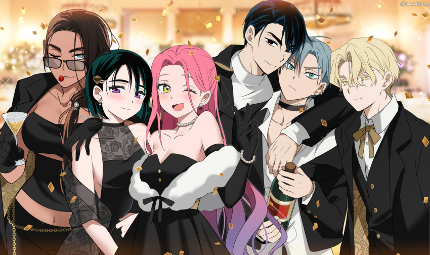 3boys 3girls alien_stage alternate_costume anniversary arm_around_shoulder black_choker black_dress black_gloves black_hair black_jacket blazer blonde_hair bob_cut bottle brown_hair candy choker closed_mouth collared_shirt commentary confetti dress ear_piercing earrings elbow_gloves english_commentary food gloves gradient_hair green_eyes grey_eyes grey_hair hair_ornament hairclip hand_on_another&#039;s_shoulder holding holding_bottle hyuna_(alien_stage) ivan_(alien_stage) jacket jewelry lollipop long_hair lucidkana luka_(alien_stage) mizi_(alien_stage) multicolored_hair multiple_boys multiple_girls neck_ribbon necklace one_eye_closed open_mouth pearl_necklace piercing pink_hair purple_eyes purple_hair ribbon shirt short_hair sleeveless sleeveless_dress smile strapless strapless_dress sua_(alien_stage) sunglasses till_(alien_stage) turtleneck turtleneck_shirt two-tone_hair v very_long_hair very_short_hair white_shirt wine_bottle yellow_eyes yellow_ribbon