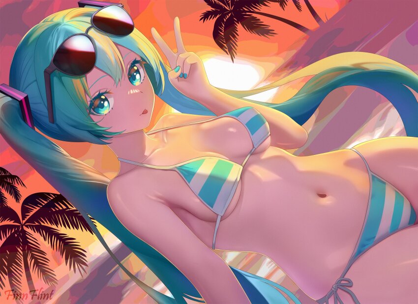 1girl :p aqua_bikini aqua_eyes aqua_hair aqua_nails beach bikini breasts commentary dutch_angle eyewear_on_head finn_flint hair_ornament hand_up hatsune_miku highres horizon long_hair looking_at_viewer medium_breasts miku_day navel orange_sky palm_tree side-tie_bikini_bottom sky solo stomach striped_bikini striped_clothes sunglasses sunset swimsuit symbol-only_commentary tongue tongue_out tree twintails v vocaloid