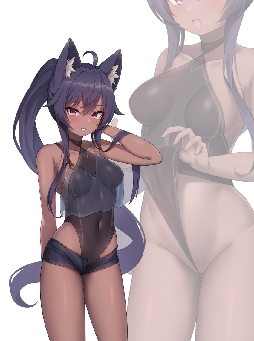 1girl absurdres ahoge animal_ears arm_behind_back arm_up bare_arms bare_shoulders black_hair black_leotard black_shorts blouse borrowed_character breasts brown_kemomimi-chan_(krr) commission covered_navel crop_top crop_top_overhang dark-skinned_female dark_skin grin highleg highleg_leotard highres kumarang leotard leotard_pull long_hair looking_at_viewer medium_breasts micro_shorts open_fly original ponytail purple_eyes see-through_clothes shirt shorts simple_background sleeveless sleeveless_shirt smile solo standing thighs very_long_hair white_background wolf_ears zoom_layer