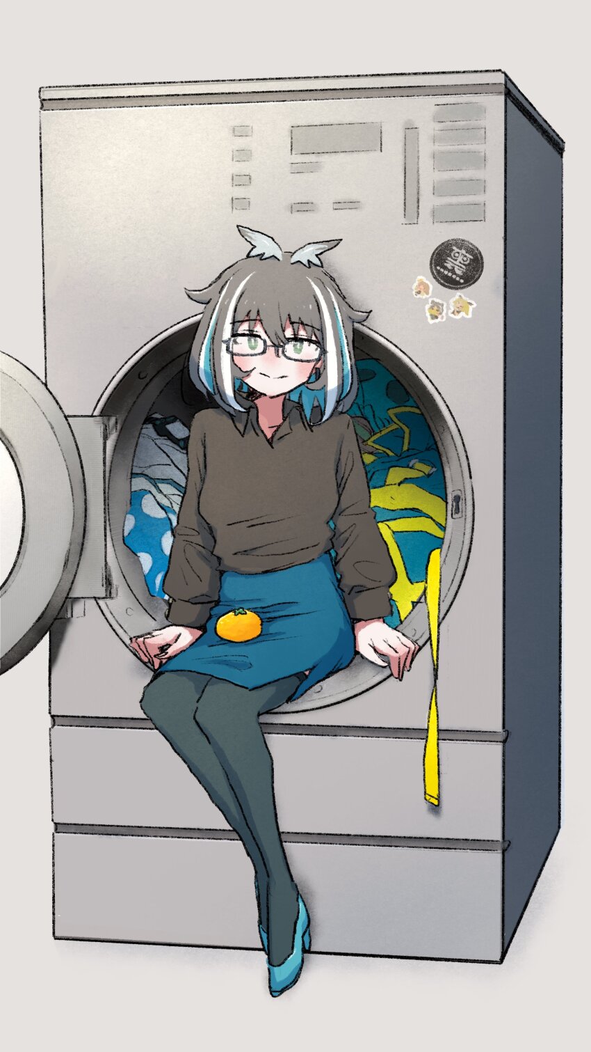 1girl absurdres black-framed_eyewear black_thighhighs blue_footwear blue_hair blue_skirt breasts closed_mouth collared_shirt commentary food fruit full_body glasses green_eyes grey_hair grey_shirt hair_between_eyes high_heels highres in_washing_machine konan_mia looking_at_viewer mandarin_orange medium_breasts medium_hair multicolored_hair nanashi_inc. oura_rukako oura_rukako_(1st_costume) oura_rukako_(2nd_costume) pantyhose pencil_skirt shirt sitting skirt smile solo sticker streaked_hair thighhighs tsukinoki_tirol virtual_youtuber washing_machine white_hair xoo_(x)